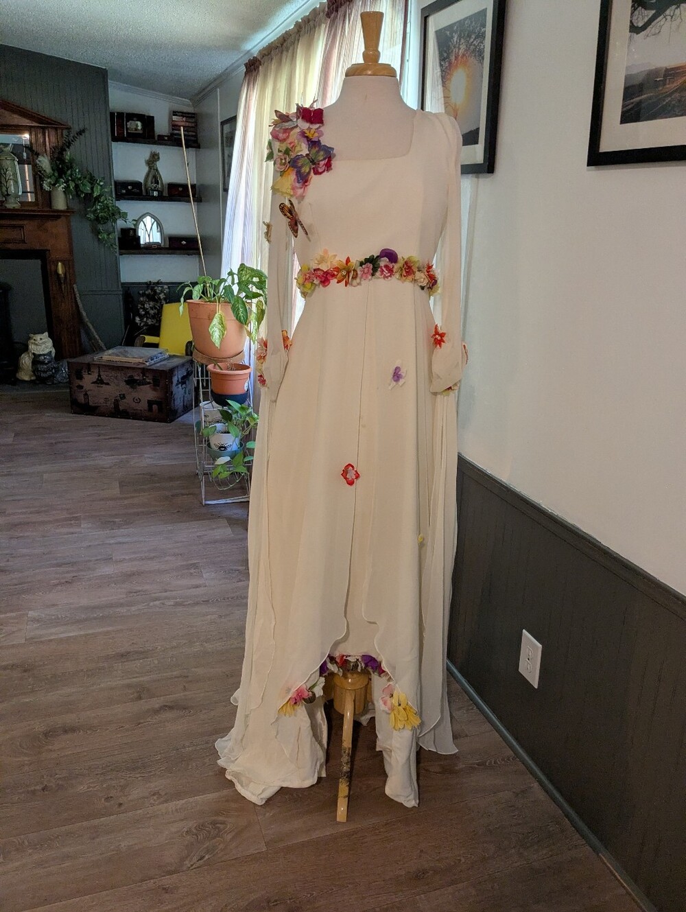 Cream Floral-Appliqué Long Dress